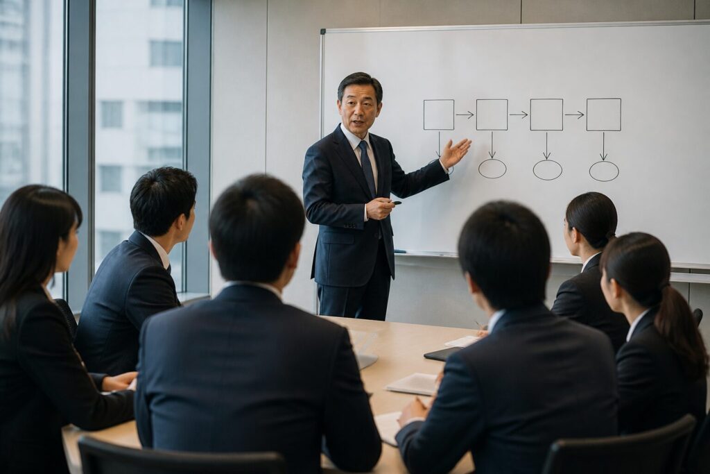 営業研修で講師がホワイトボードを使って説明している様子(イメージ)